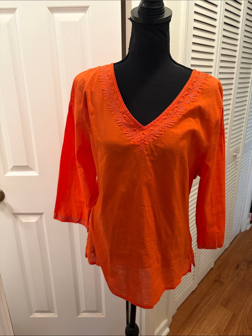 St John’s Bay Orange V-Neck Cotton Embroidered Tunic Top